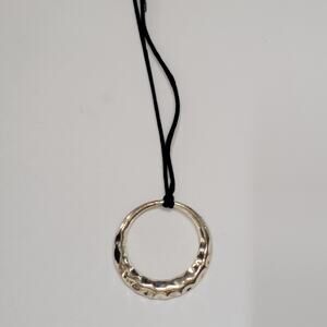 Silver Tone Hammered Circle Pendant Necklace with Modern Minimalist Black Cord